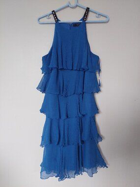 BCBGMAXAZRIA Women's XS 100% Silk Royal Blue Tiered Chiffon Ruffles Dress